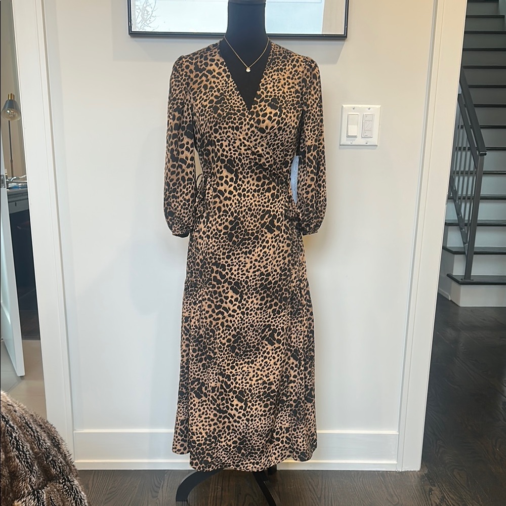 Topshop Brown and Black Wrap Dress with Bishop Sleeves